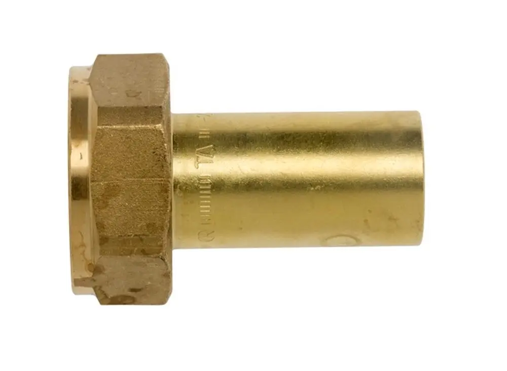 Messing-Anschlussstück von IMI Hydronic Engineering mit einer glatten Rohrverbindung. Das Produkt hat eine hexagonale Mutter für die Befestigung.